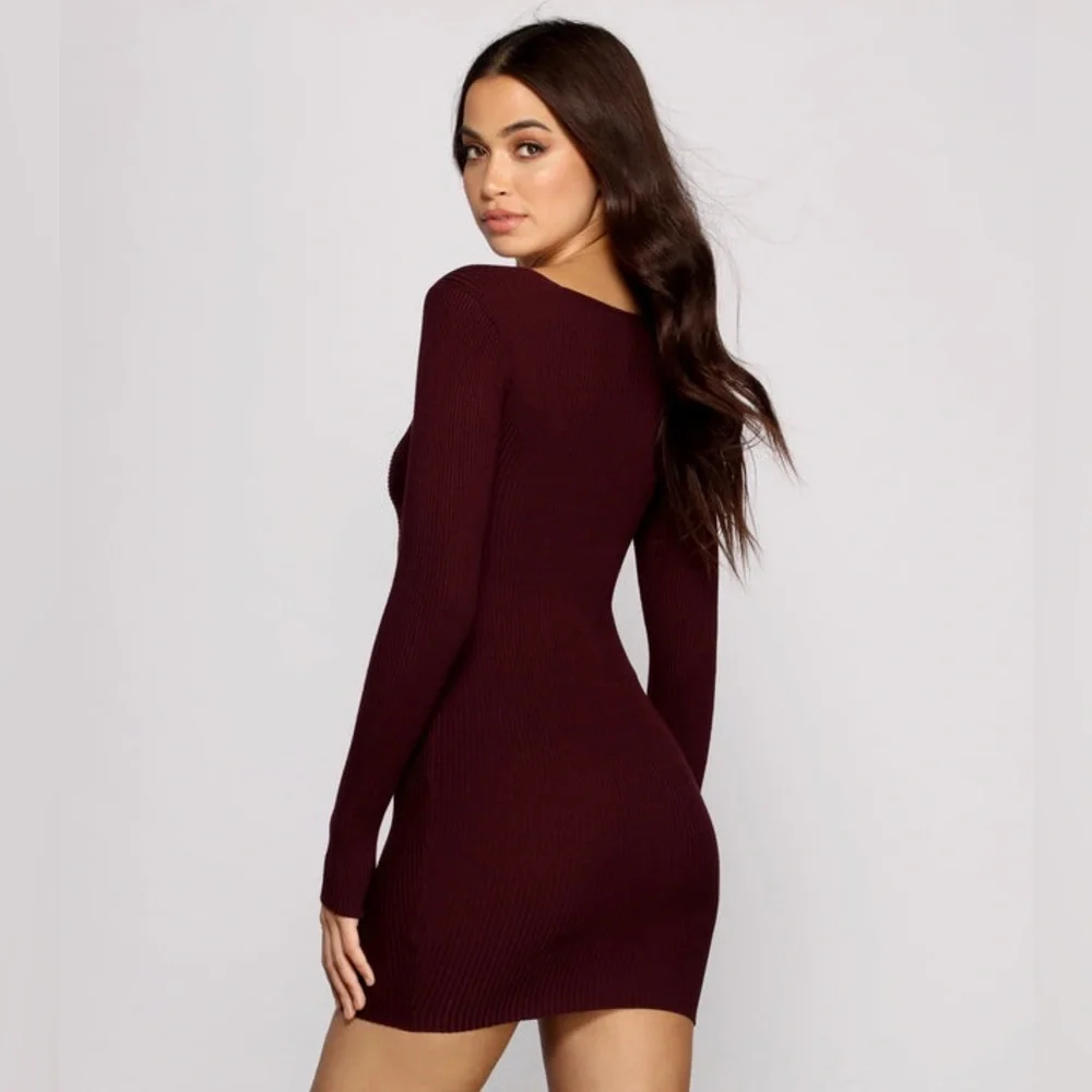 Windsor Burgundy Deep Maroon Red Twist Front Ribbed Knit Mini Dress - Picture 3 of 7